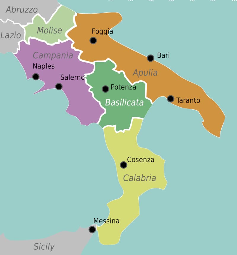 Italiano del sur de Italia, mapa del sur de Italia